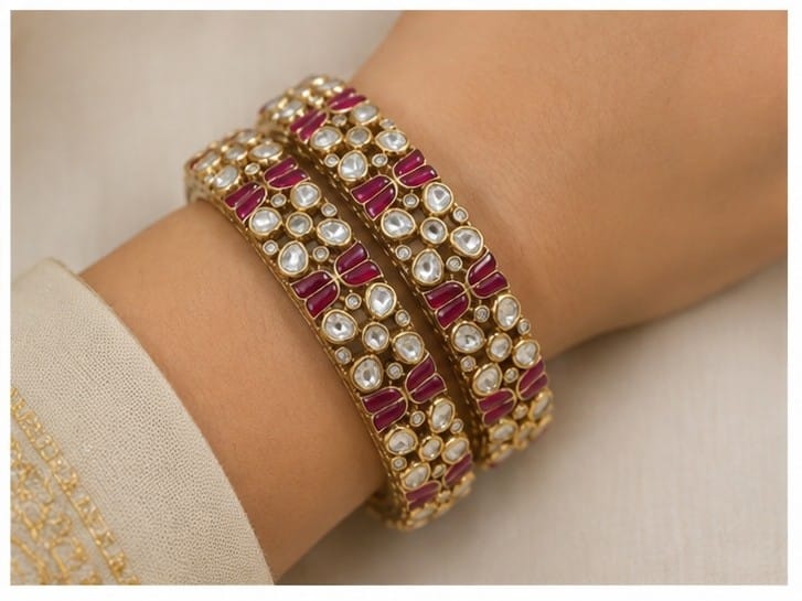 925 Silver Gold Plated Kundan Bangle FOR WOMEN - Image 3